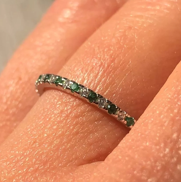 Green Clear Zircon Pave Sterling Silver Band Stackable Diamond Emerald Eternity - Picture 8 of 16